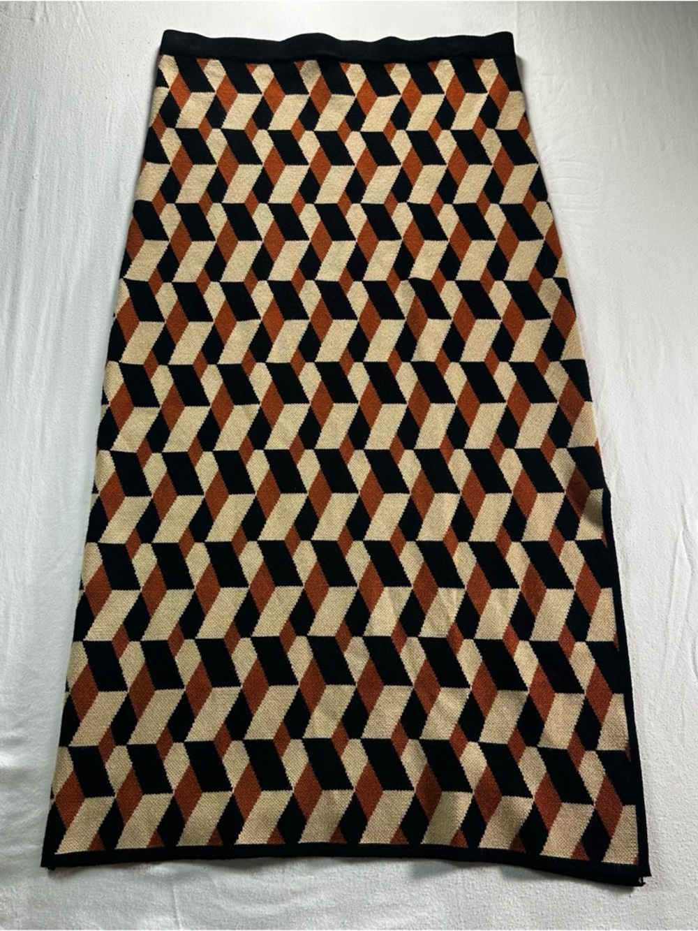 House of Harlow Geometric Knit Midi Skirt in Black Cream & Brown. 70s maximalist